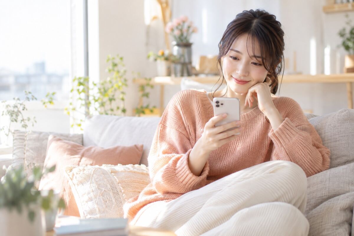 自宅のソファでスマホを見てほっとした表情の女性