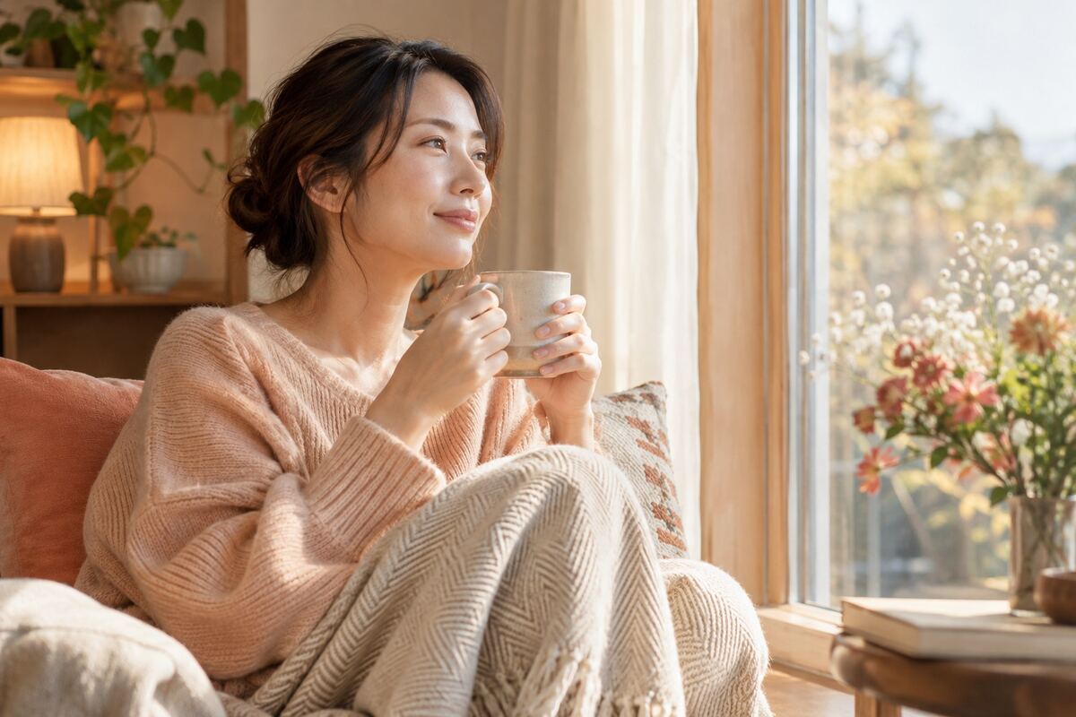窓辺でお茶を飲んでくつろぐ女性
